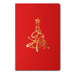 Raudonas kalėdinis atvirukas su stilizuota eglute