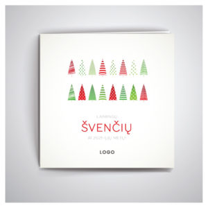 Kalėdinis atvirukas su spalvotomis eglutėmis