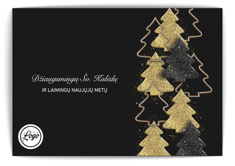 Juodas atvirukas su auksinėmis eglutėmis