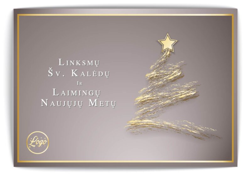 Pilkas atvirukas su auksine eglute