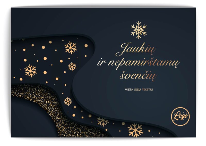 Tamsiai mėlynas atvirukas su auksinėmis snaigėmis