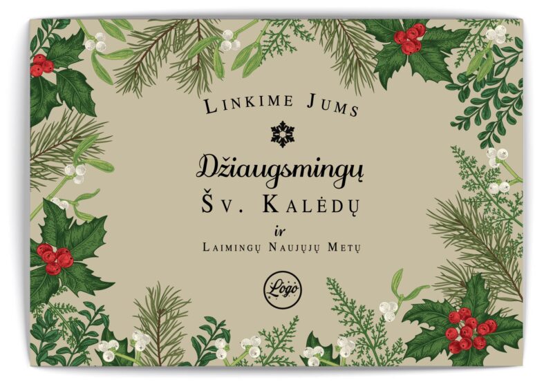 Šviesus atvirukas su žaliomis šakomis