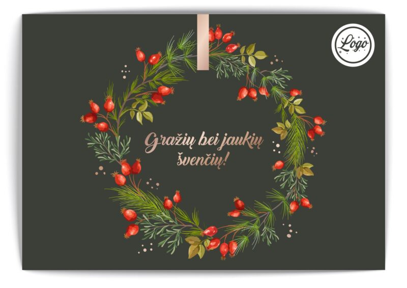 Tamsiai žalias atvirukas su kalėdiniu vainiku